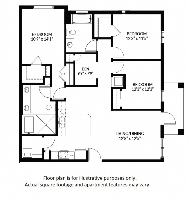 Floor plan for 3 beds, 2 baths, 1440 sqft